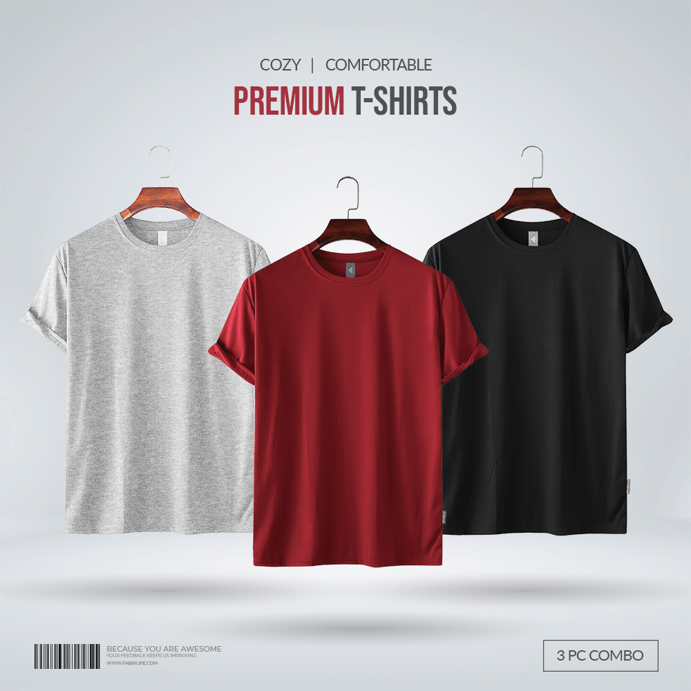 Fabrilife Men's Premium 100% Cotton Blank T-Shirt - Gray Mellange, Red, Black